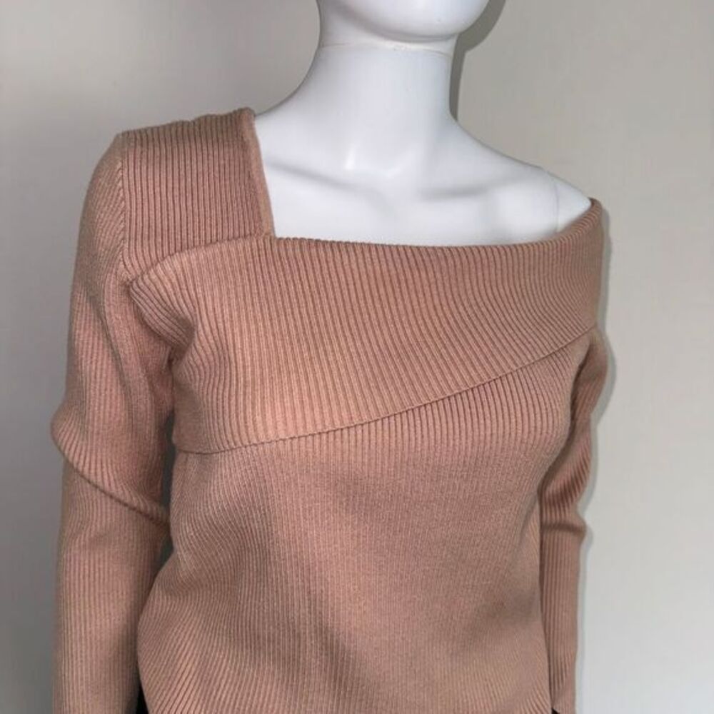 Anrabess Asymmetric Ribbed‎ Folded Shoulder Pullover Sweater in Tan Size Large